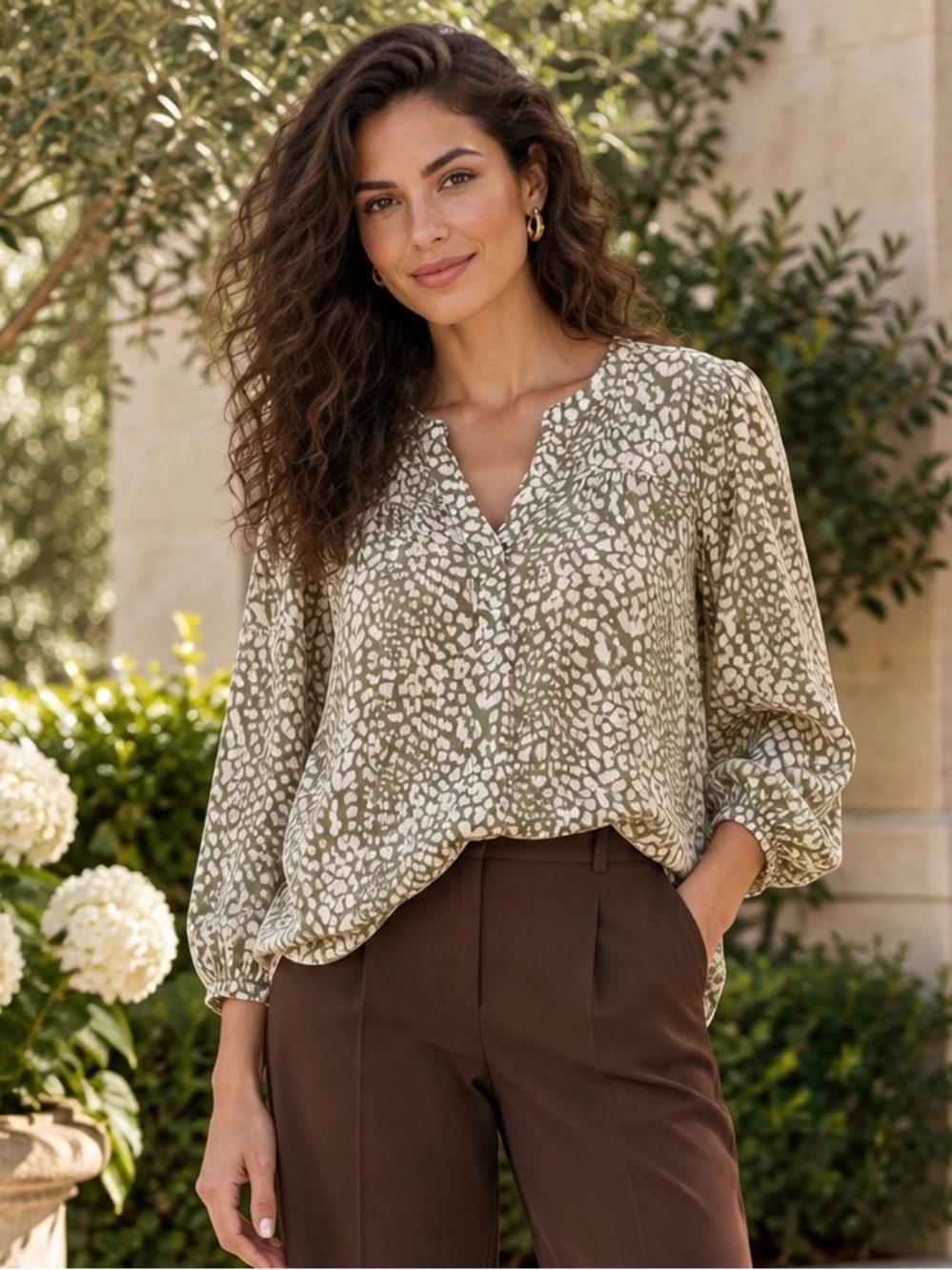 new directions Olive and Cream Animal-Print V-Neck Blouse
